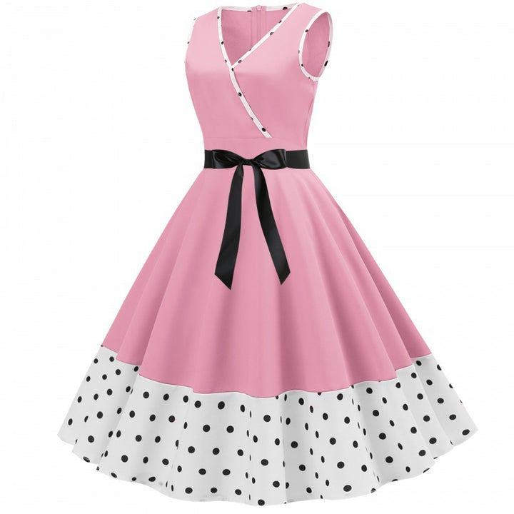Damen Swingkleid im Vintage-Stil mit tiefem V-Ausschnitt und elegantem Taillengürtel Drune