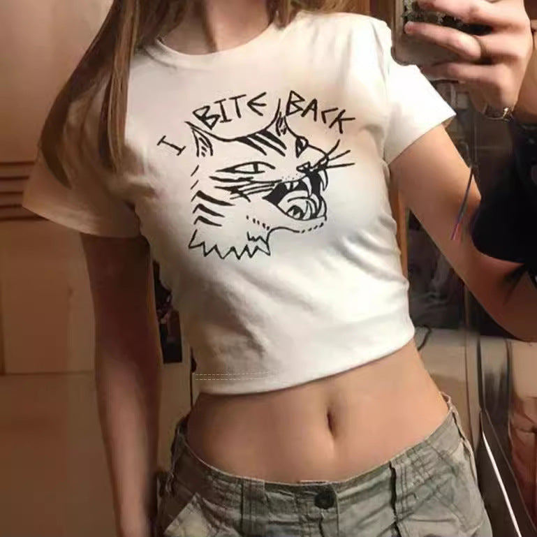 Damen Crop-T-Shirt mit kreativem Skelettdesign und inspirierendem Schriftzug Drune
