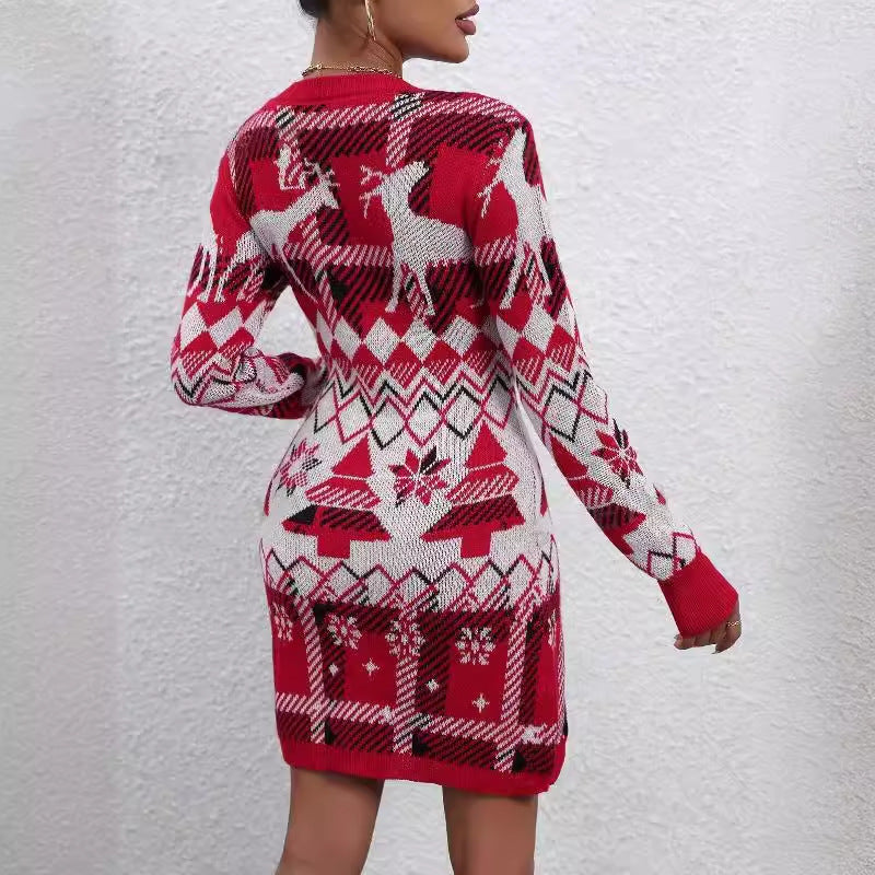 Damen Strickkleid mit festlichem Muster und Rundhalsausschnitt Drune