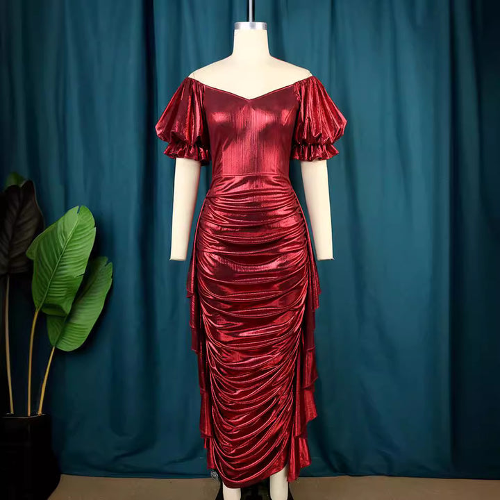 Damen elegantes Kleid mit voluminösen Ballonärmeln und asymmetrischem Saum Drune
