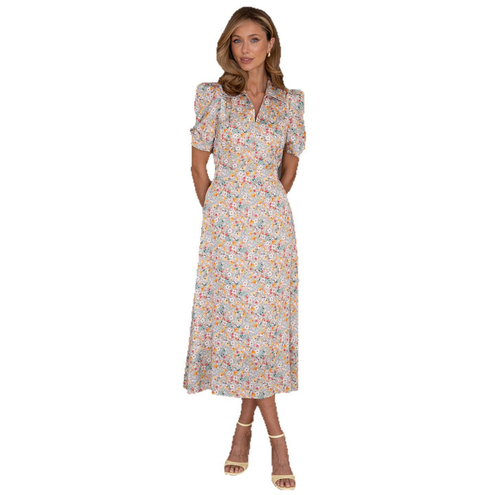 Damen Midi-Kleid mit floralen Mustern und Puffärmeln Drune