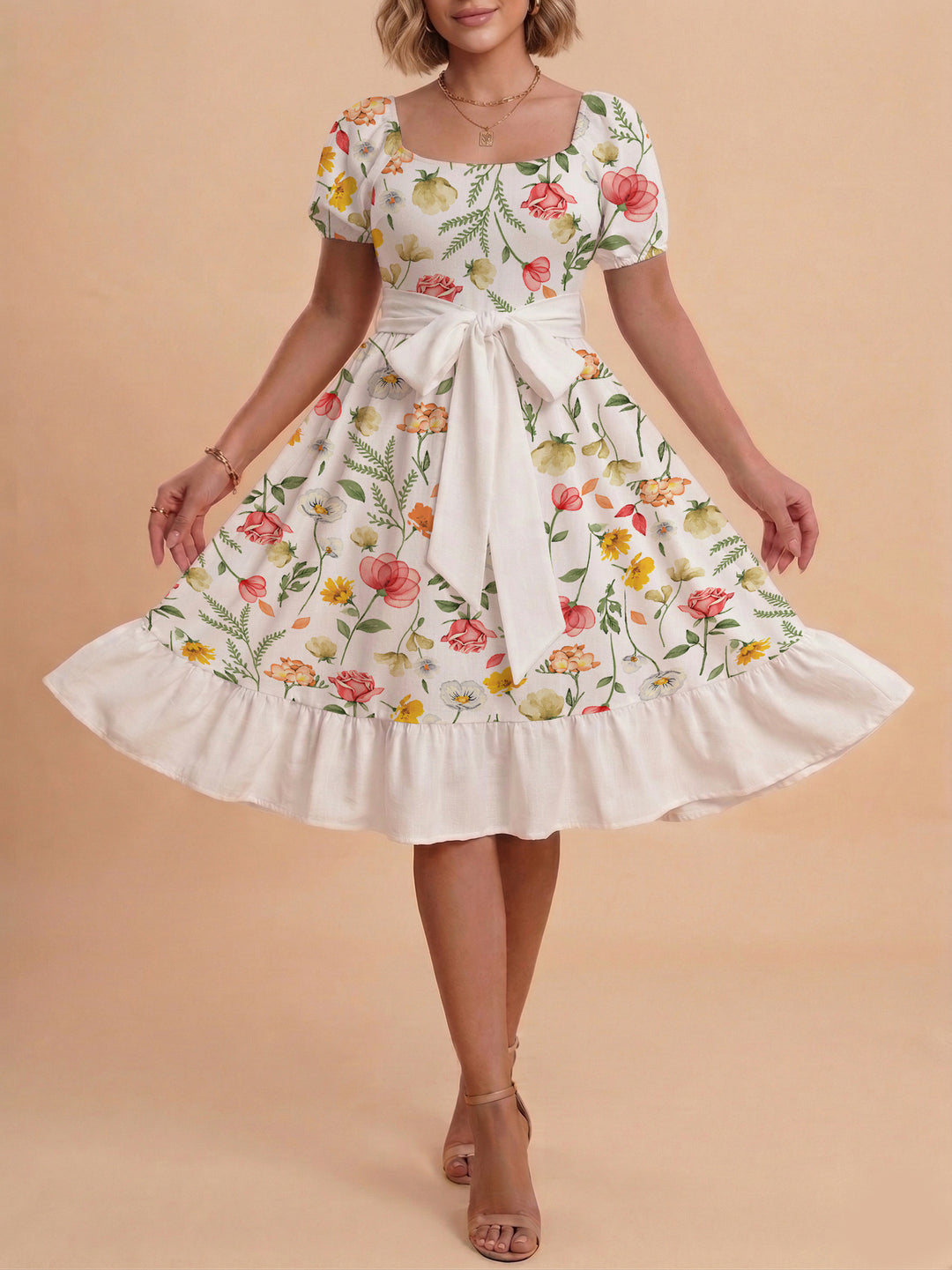 Damen Blumenkleid mit taillierbarem Gürtel und voluminösen Ärmeln Drune