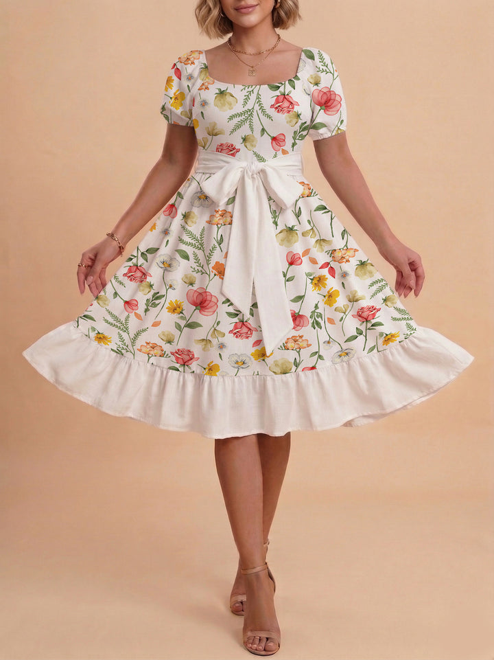 Damen Blumenkleid mit taillierbarem Gürtel und voluminösen Ärmeln Drune