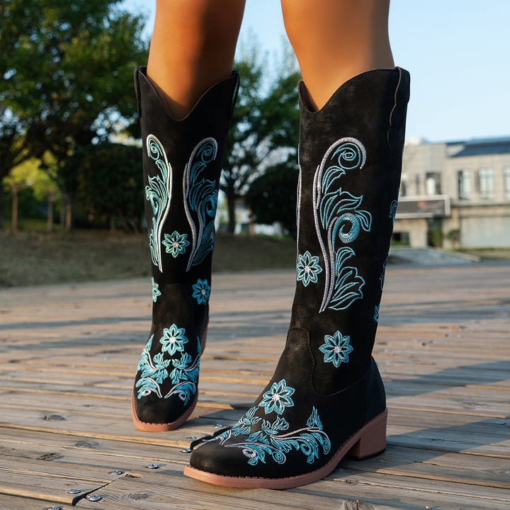 Damen Cowboy-Stiefel mit floralem Stickdesign und bequemem Blockabsatz Drune