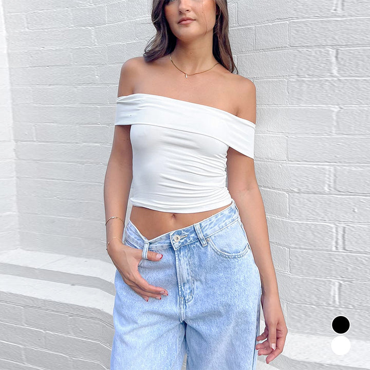 Damen Off-Shoulder Crop-Top aus elastischem Material mit figurformendem Design Drune