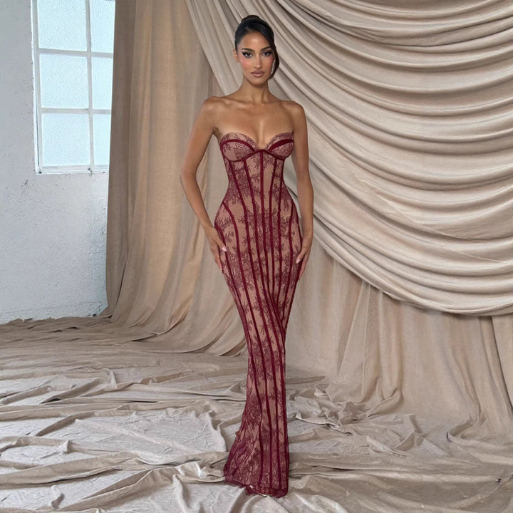 Damen Elegantes Spitzenabendkleid mit taillierter Silhouette und satinierter Unterlage Drune