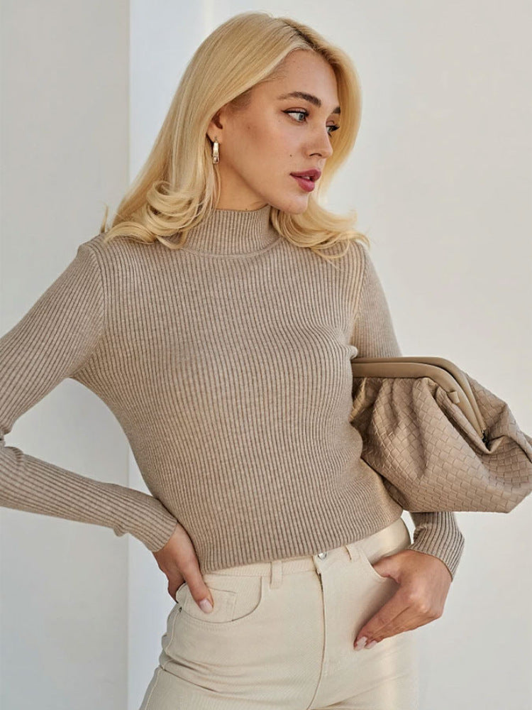 Damen Enganliegender Rippstrickpullover mit Stehkragen Drune