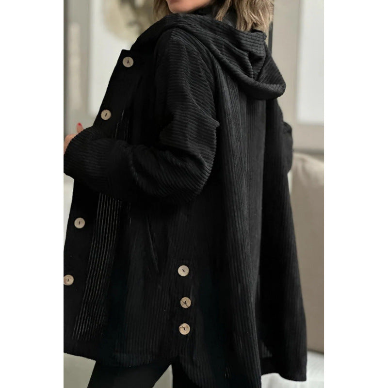 Drune | Jacke mit Kapuze - Cord - Lockere Passform - Mittlere Länge - Knopfdetails