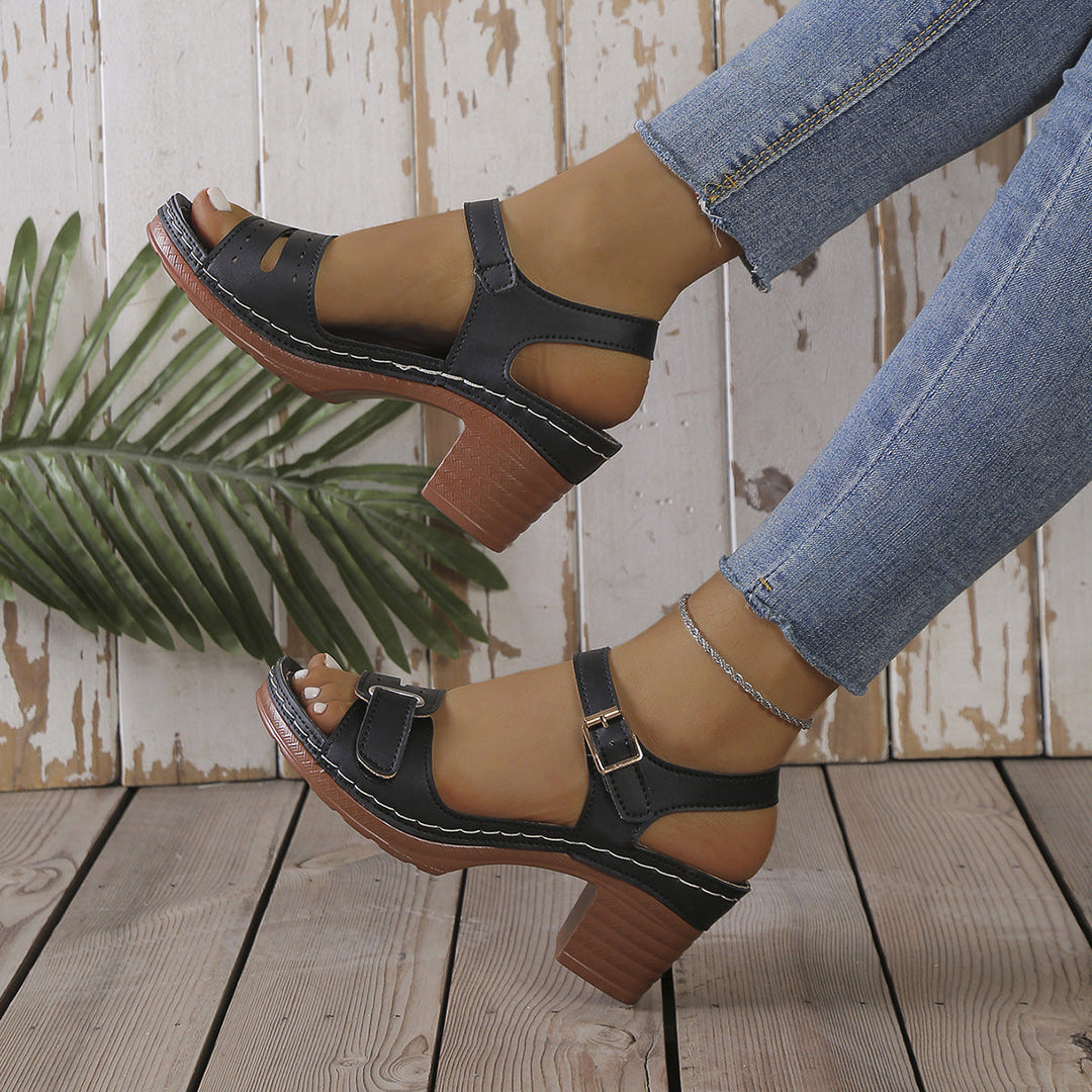 Damen modische Sandaletten mit eleganter Schnalle und Holz-Blockabsatz Drune