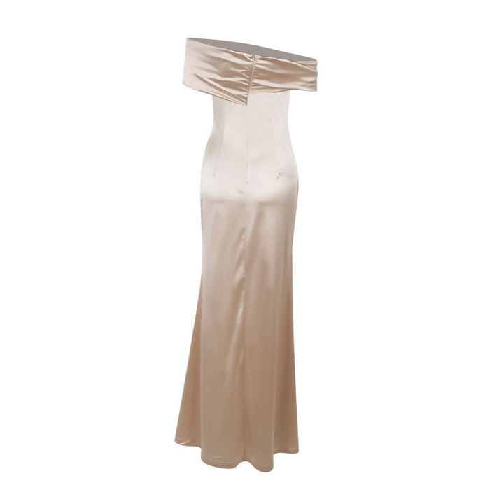Damen Elegantes Satin Abendkleid mit asymmetrischem Träger und hohem Schlitz Drune