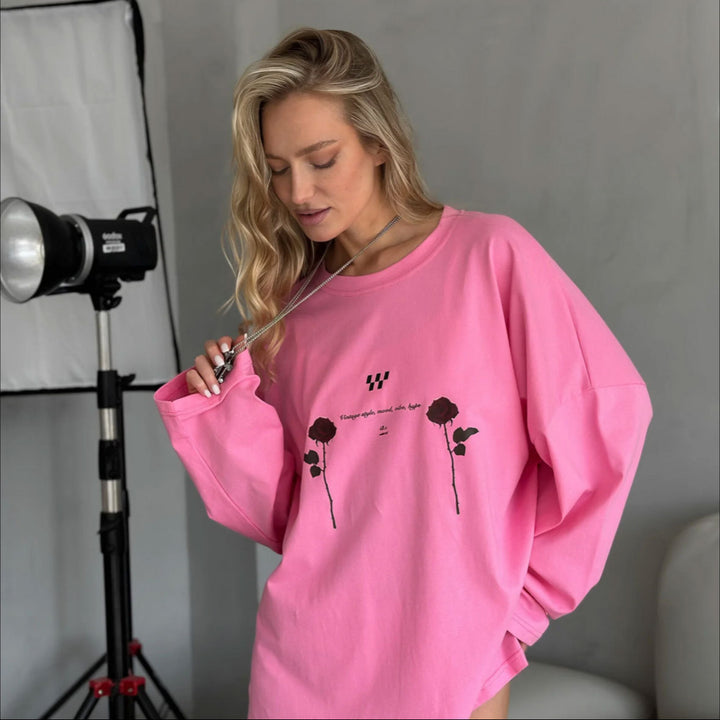 Damen Oversized Langarm-T-Shirt mit floralen Grafikdetails Drune