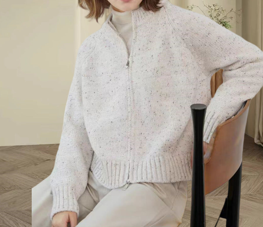 Damen lässiger Strickjacke mit hochgeschlossenem Reißverschluss und voluminösen Ärmeln Drune