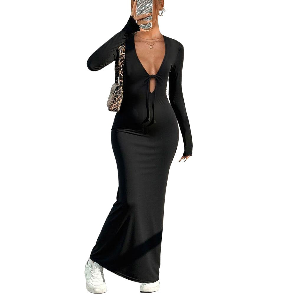 Damen Maxikleid mit tiefem V-Ausschnitt und schickem Knotenverschluss Drune