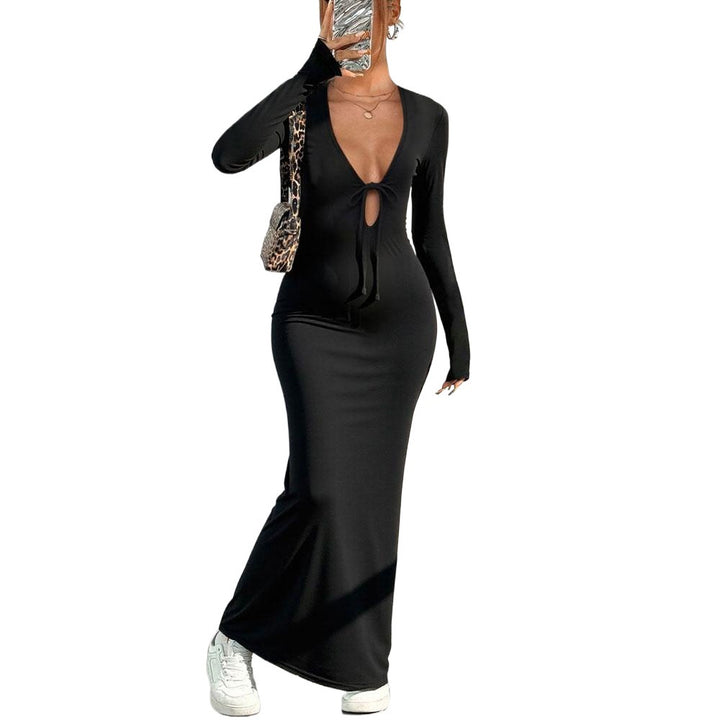 Damen Maxikleid mit tiefem V-Ausschnitt und schickem Knotenverschluss Drune