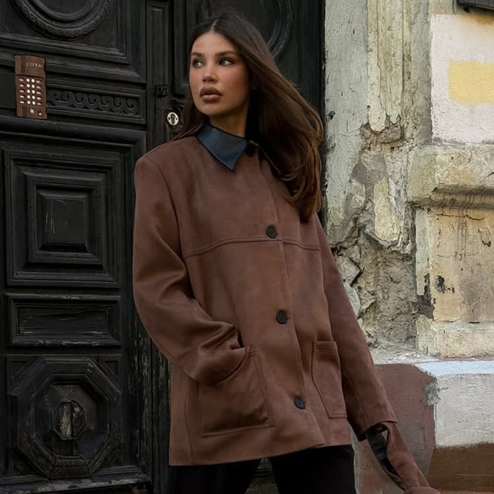 Damen Oversized Mantel mit Lederkragen und Taschen Drune