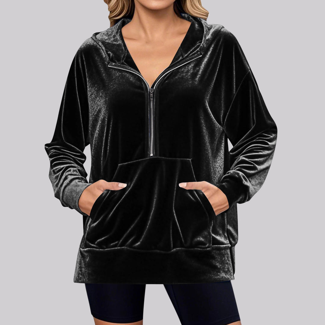 Damen Hochwertiger Kapuzenpullover aus Samt mit Reißverschluss Drune