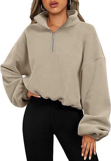 Damen nan kurz geschnittenes Halbzip-Sweatshirt mit hohem Stehkragen, Ballonärmeln und elastischem Saum Drune