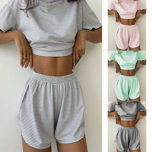 Damen lässiges Crop-Top und Short-Set mit gestreiftem Muster Drune