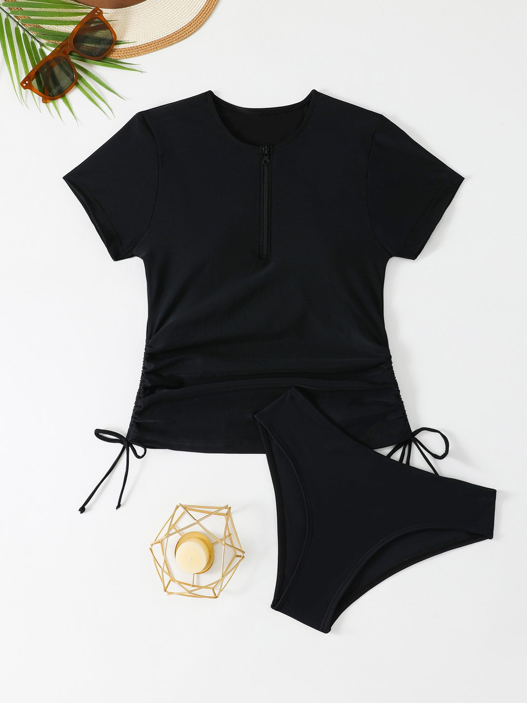 Damen Sport-Badeanzug-Set mit kurzem Oberteil und seitlichen Raffungen Drune