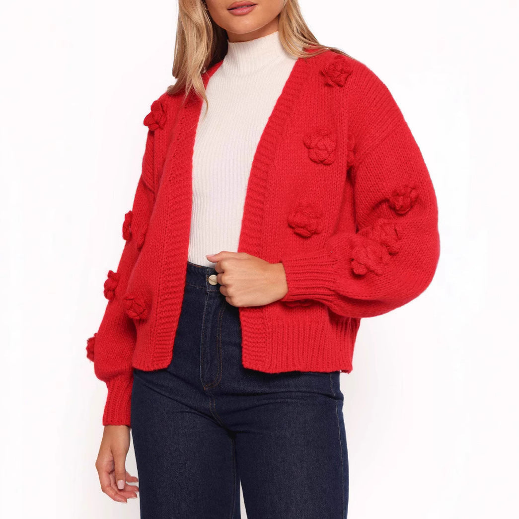 Damen Strickjacke mit floralem Design und voluminösen Ärmeln Drune