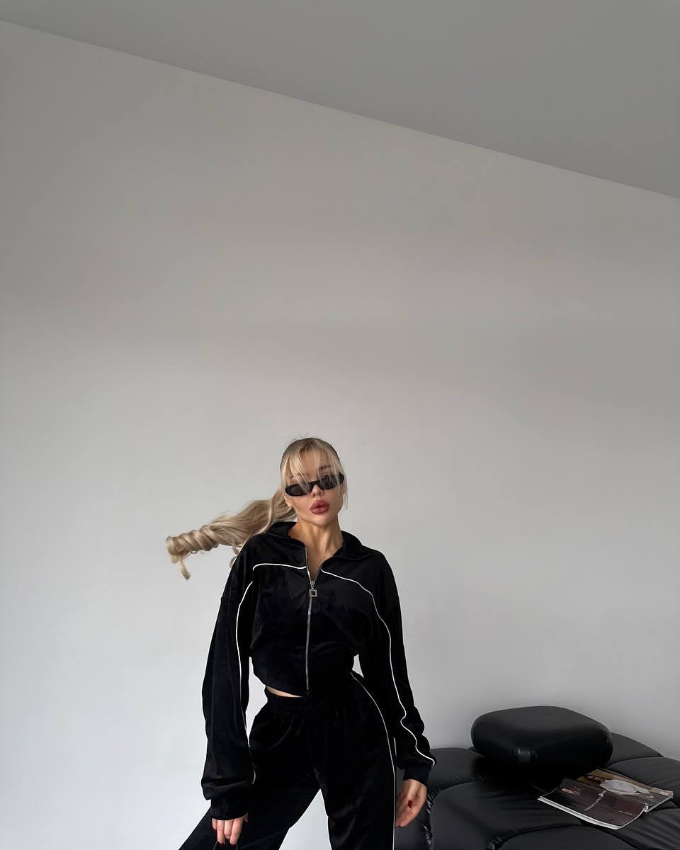 Damen modischer Fleece-Loungewear-Set mit kurzem Oberteil und hohem Kragen Drune