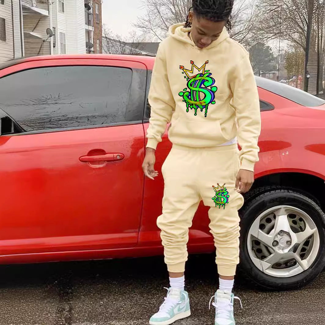 Herren Kapuzenpullover und Jogginghose Set mit kreativem Dollarzeichen-Motiv Drune