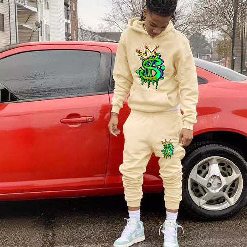 Herren Kapuzenpullover und Jogginghose Set mit kreativem Dollarzeichen-Motiv Drune