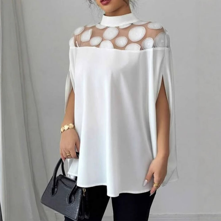 Damen nan elegante Tunika-Bluse mit Stehkragen, transparenter Rund-Applikationspasse und Cape-Ärmeln Drune