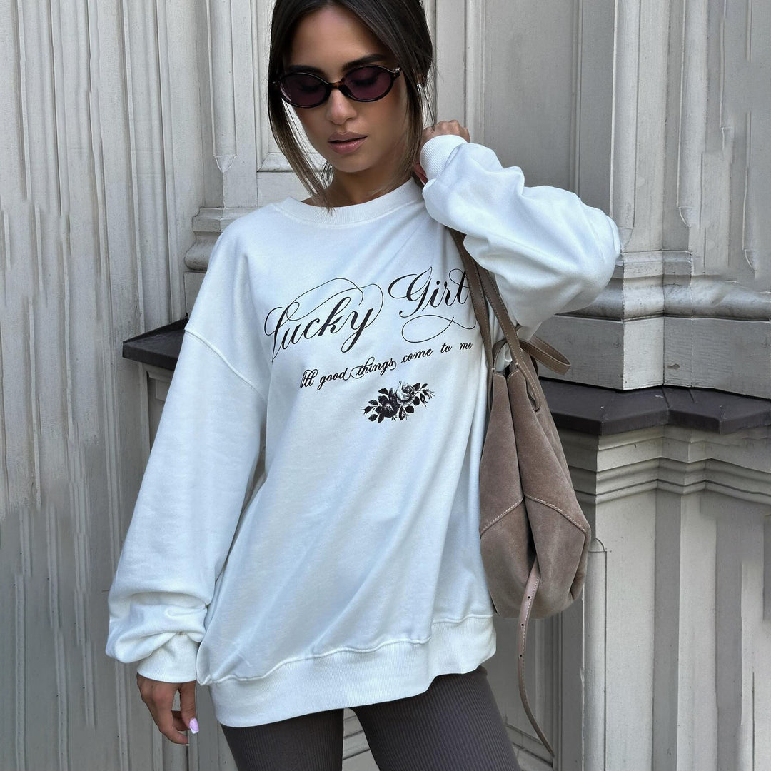 Damen lässiger Sweatshirt mit elegantem Schriftzug Drune
