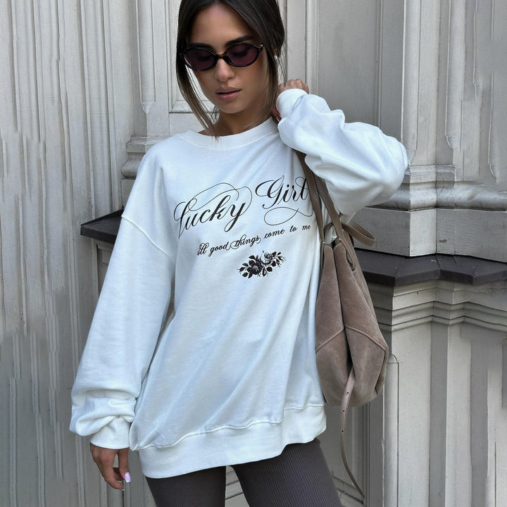 Damen lässiger Sweatshirt mit elegantem Schriftzug Drune