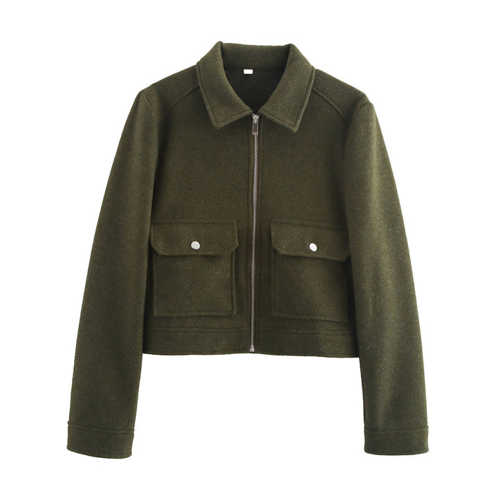 Damen Kurze Fleecejacke mit Stilvollen Brusttaschen und Elegantem Kragen Drune