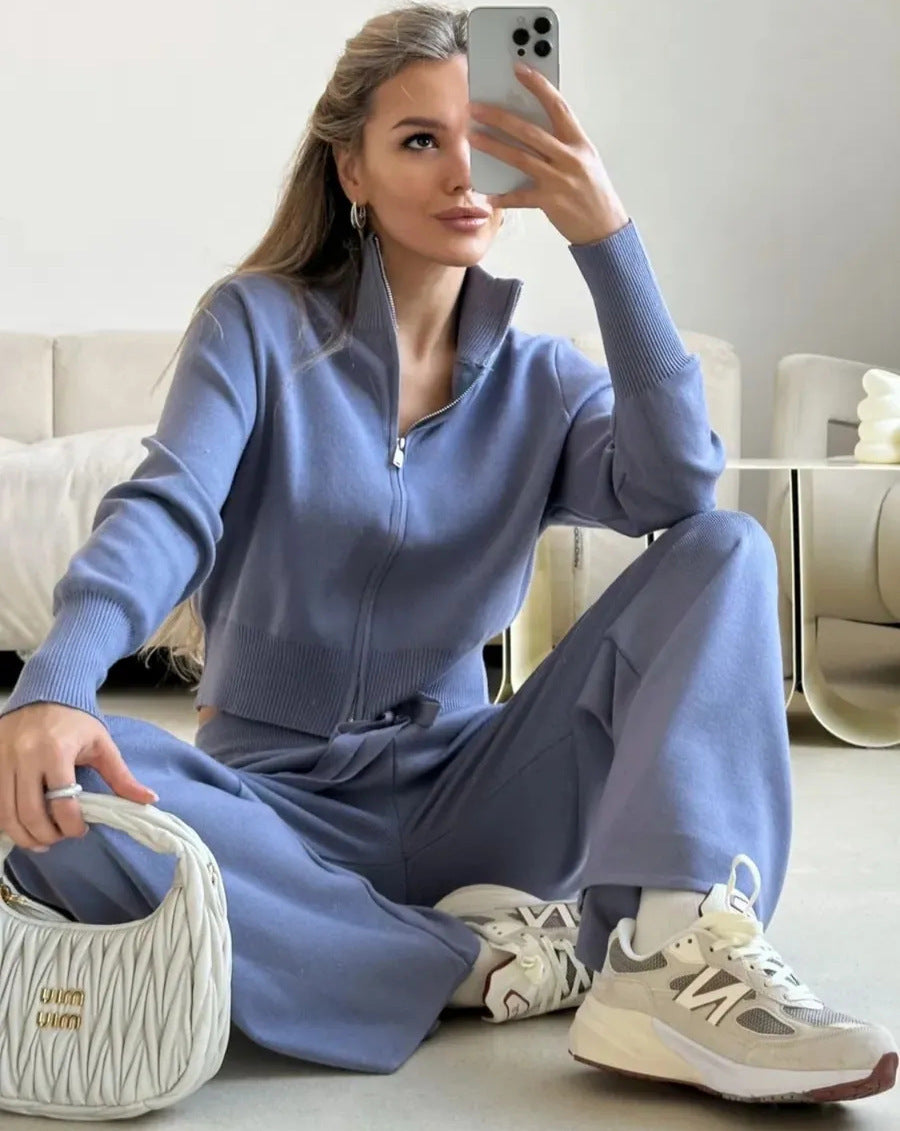Damen nan gestricktes Loungewear-Zweiteiler mit kurzem Reißverschluss-Cardigan und weitem Highwaist-Hosenbein Drune