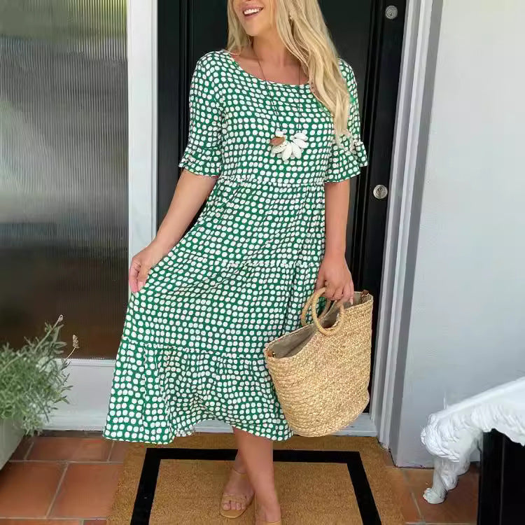 Drune | Sommer Rundhals Bedrucktes Kurzarmkleid