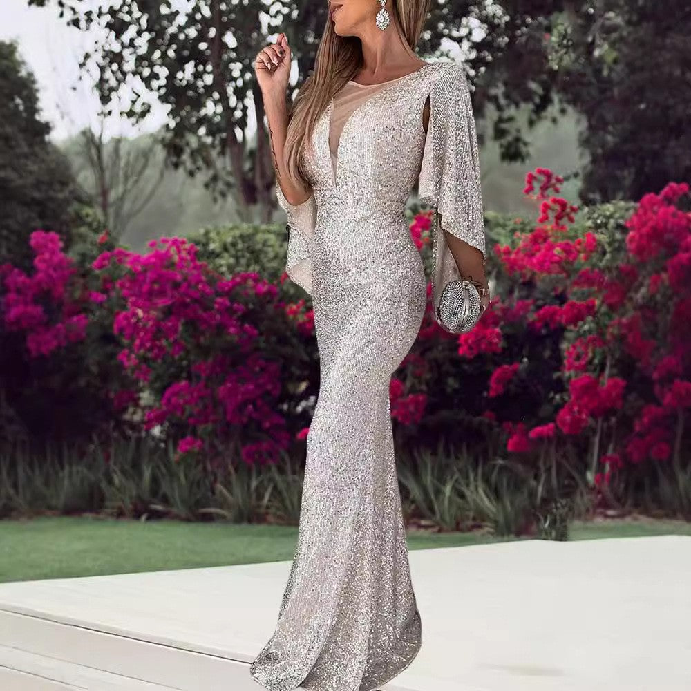 Damen Glamouröses Pailletten-Abendkleid mit tiefem V-Ausschnitt und eleganten Flügelärmeln Drune