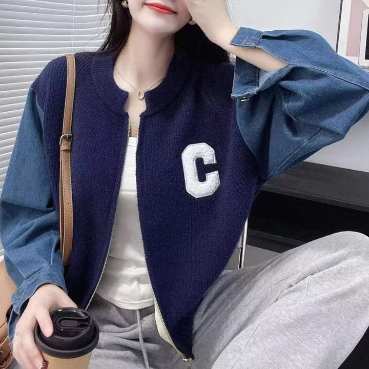 Damen Trendige Strickjacke mit Denim-Ärmeln Drune