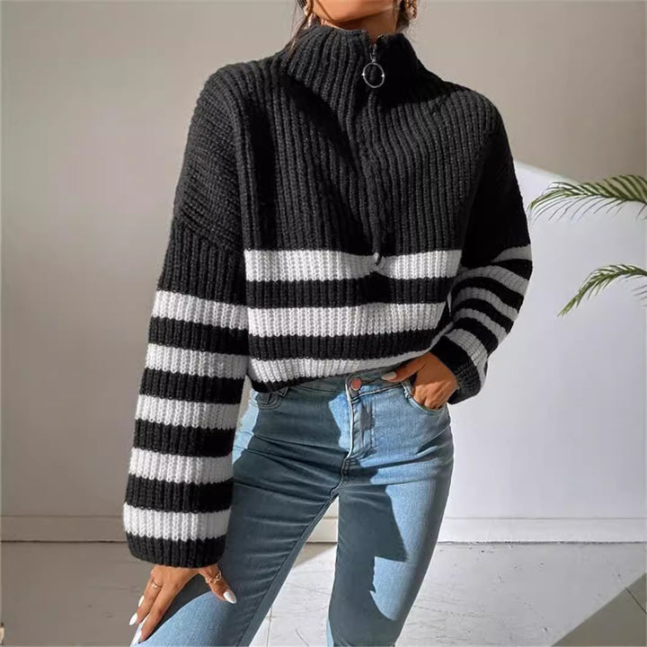 Damen Kapuzenpullover mit strukturiertem Strickmuster und modischen Streifen Drune
