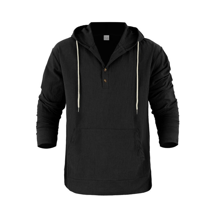 Herren nan Leinenoptik Henley-Kapuzenpullover mit Knopfleiste und Kängurutasche Drune
