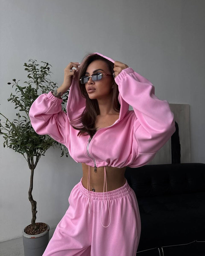 Damen nan kurzes Reißverschluss-Cropped-Hoodie und weitgeschnittene Highwaist-Loungehose Set Drune