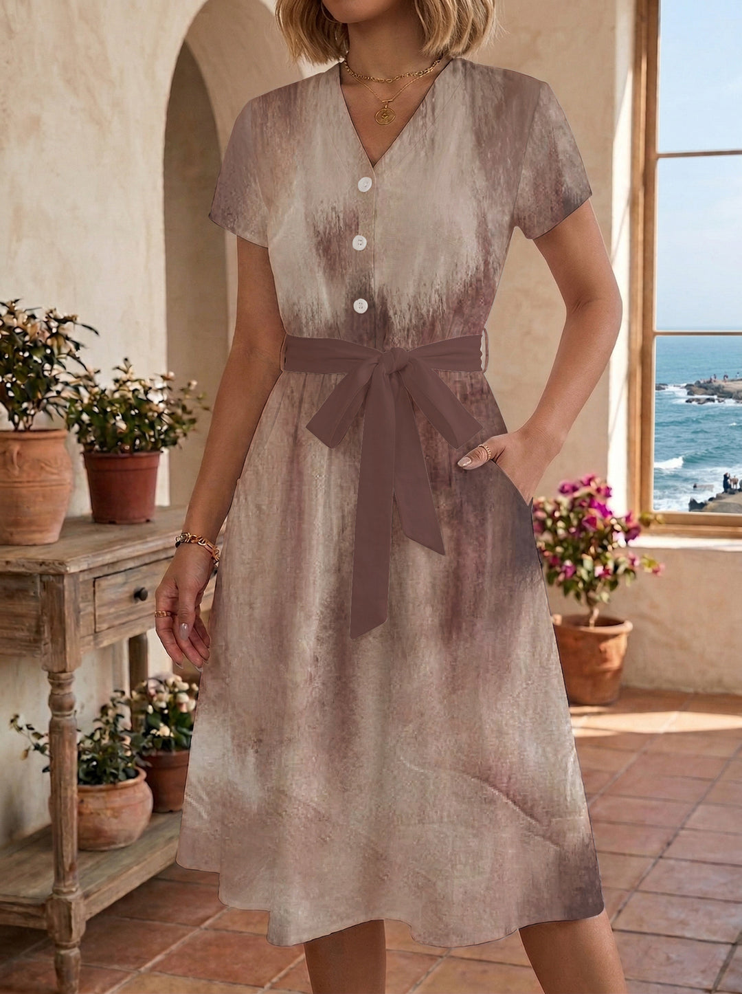 Damen Blühendes Midikleid mit taillierbarem Gürtel und kunstvollem Print Drune