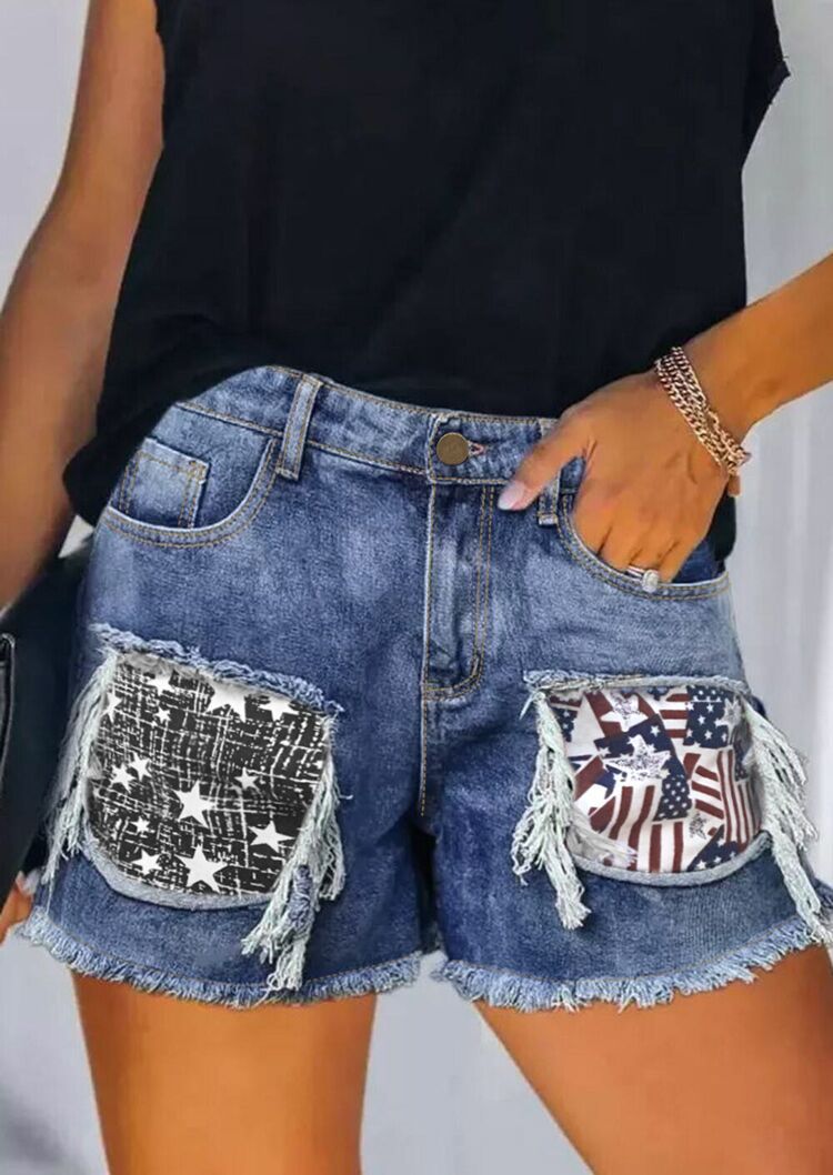 Damen Destroyed Denim-Shorts mit fransigen Taschen und modischen Aufnähern Drune