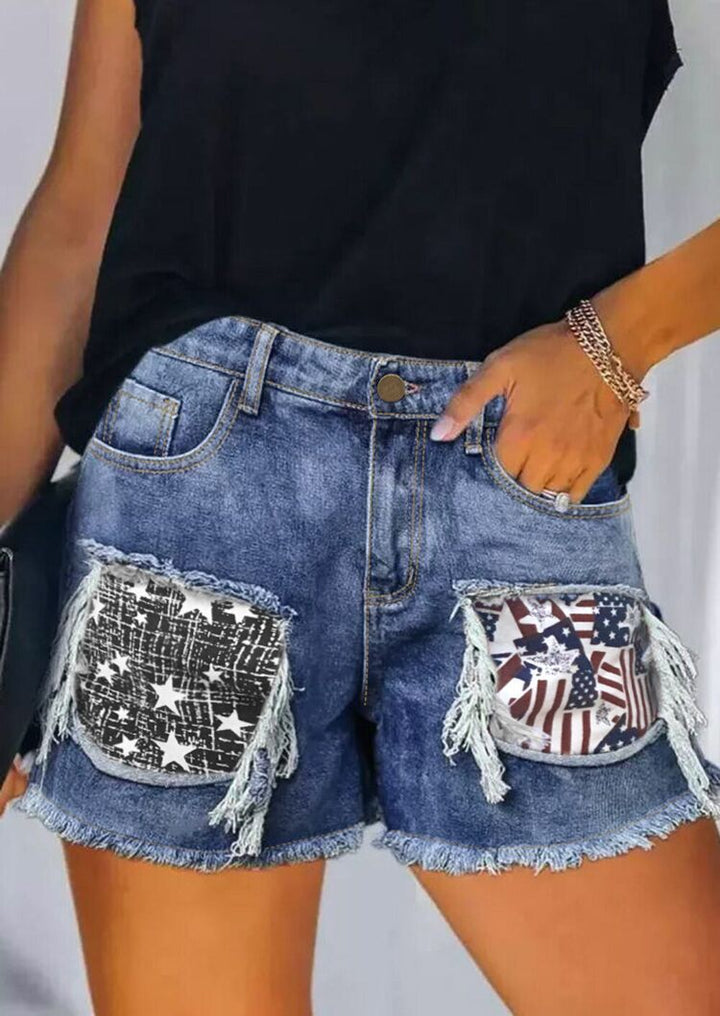 Damen Destroyed Denim-Shorts mit fransigen Taschen und modischen Aufnähern Drune