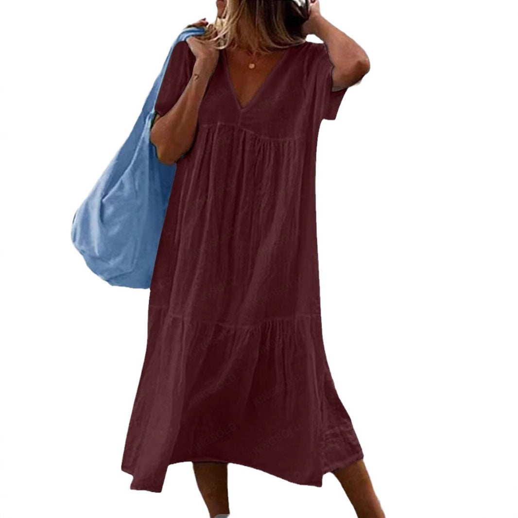 Damen Maxikleid mit modernem V-Ausschnitt und femininer Lockere Passform Drune