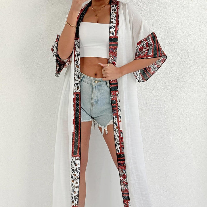 Damen eleganter, leichter Kaftan mit buntem Häkelbesatz Drune
