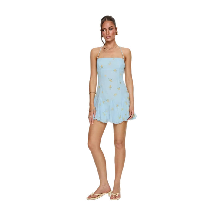 Damen luftiges Spaghetti-Träger Sommerkleid mit floralem Print und schwingendem Rock Drune