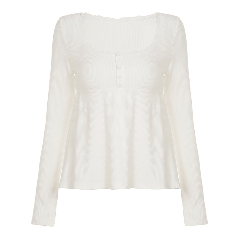 Damen nan geripptes Langarm-Top mit Empire-Taille, zierlicher Knopfleiste und Spitzenbesatz Drune