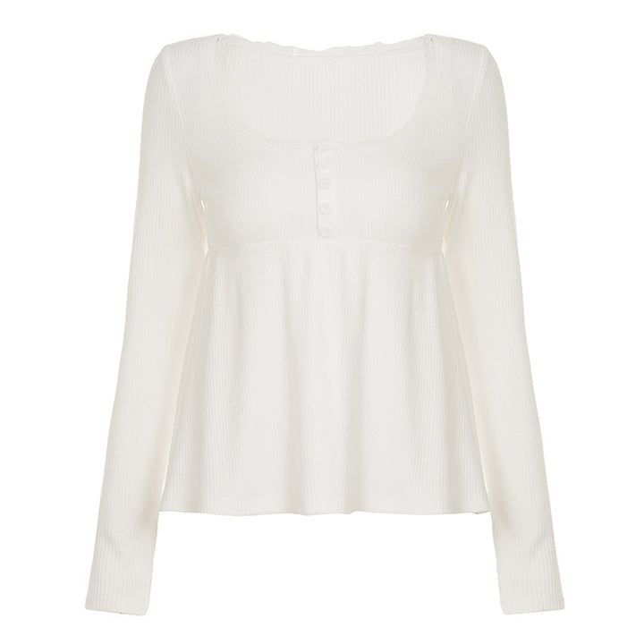 Damen nan geripptes Langarm-Top mit Empire-Taille, zierlicher Knopfleiste und Spitzenbesatz Drune