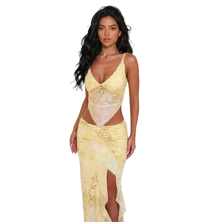 Damen elegantes Wickelkleid mit transparenten Einsätzen und hohem Beinschlitz Drune