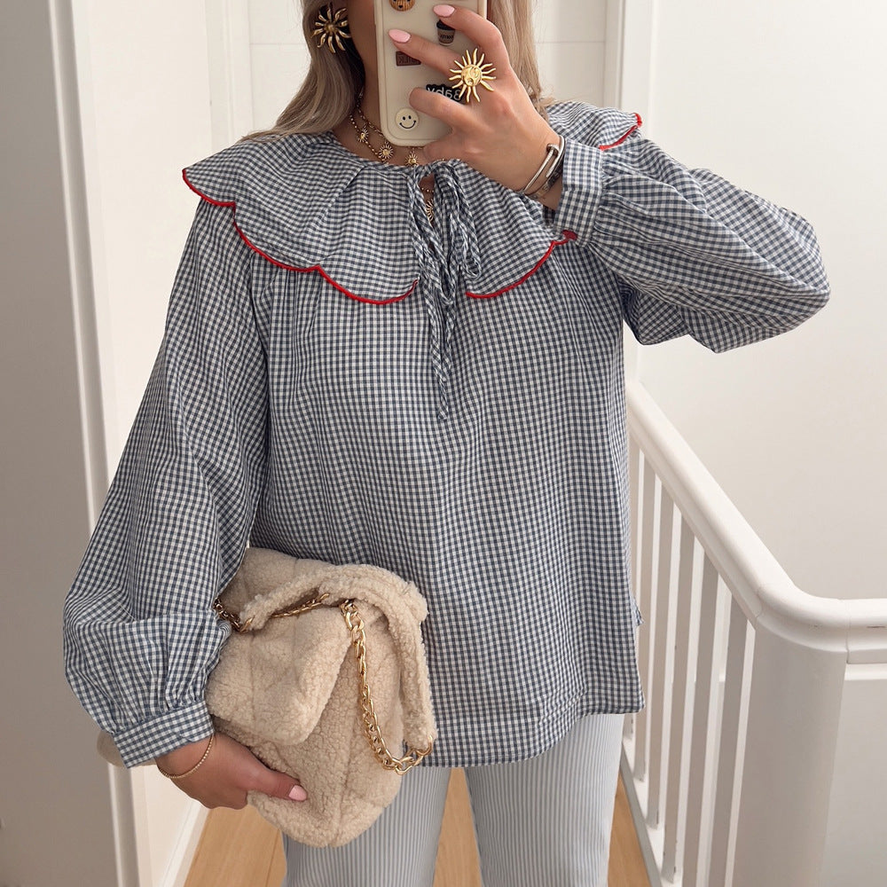 Damen Bluse mit Rüschensaum und Karomuster Drune