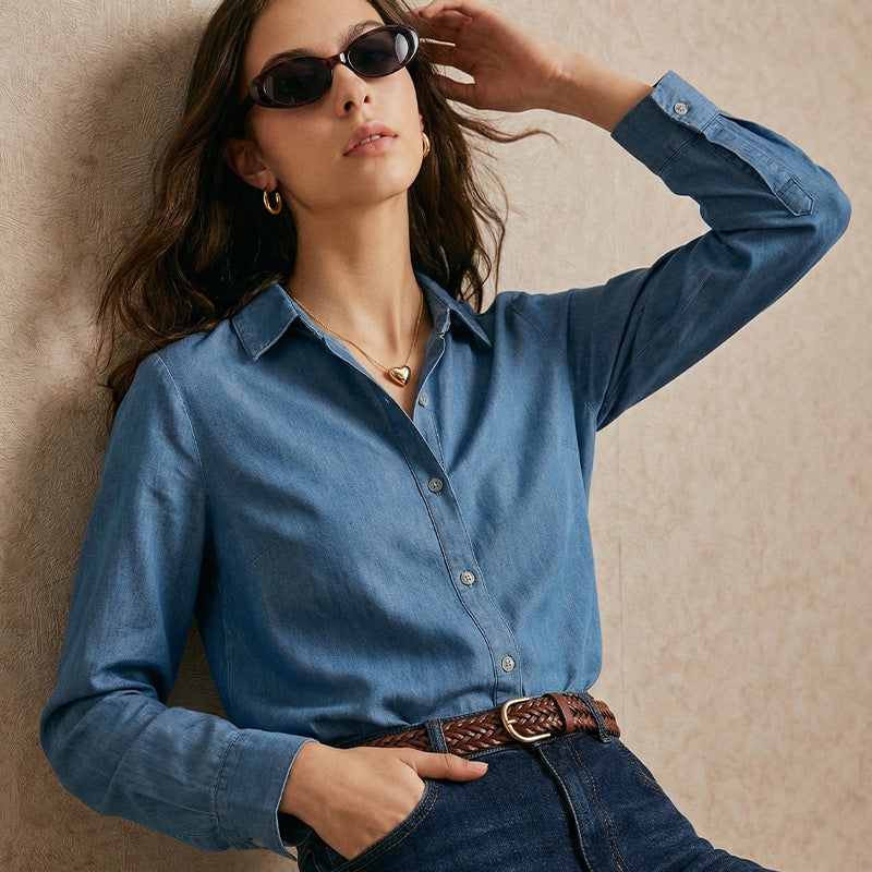 Damen klassische Denim-Bluse mit Knopfleiste und modischem Schnitt Drune