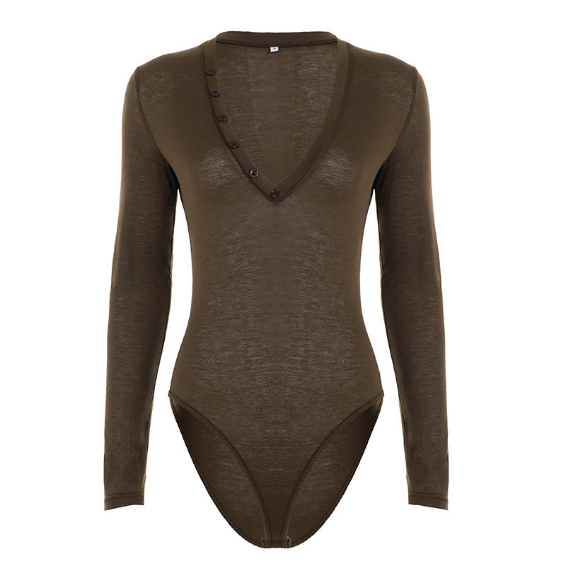 Damen figurbetonter Langarmbody mit elegantem V-Ausschnitt und Druckknopfdetail Drune
